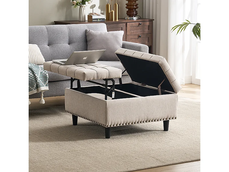 Banco cuadrado con almacenaje, asiento con espacio de almacenaje, tela de lino y estructura de madera, beige (75x75x41 cm)