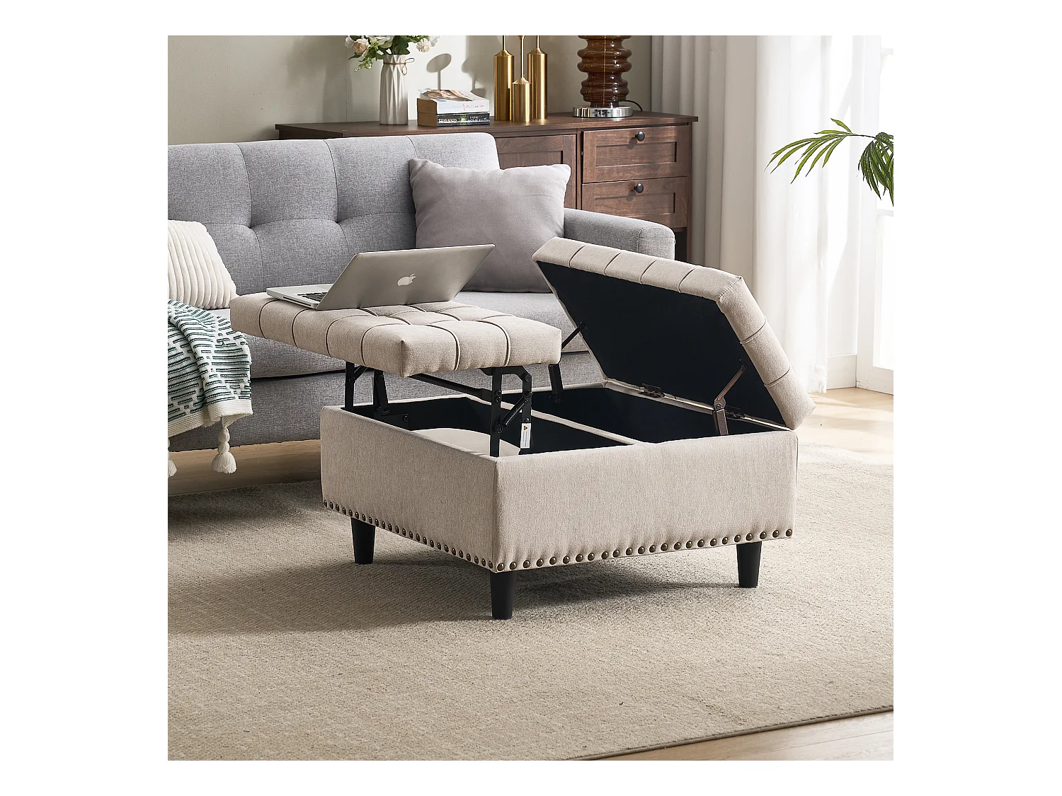 Banquette de rangement carrée, siège avec espace de stockage, tissu Lin et cadre en bois, beige (75x75x41 cm)