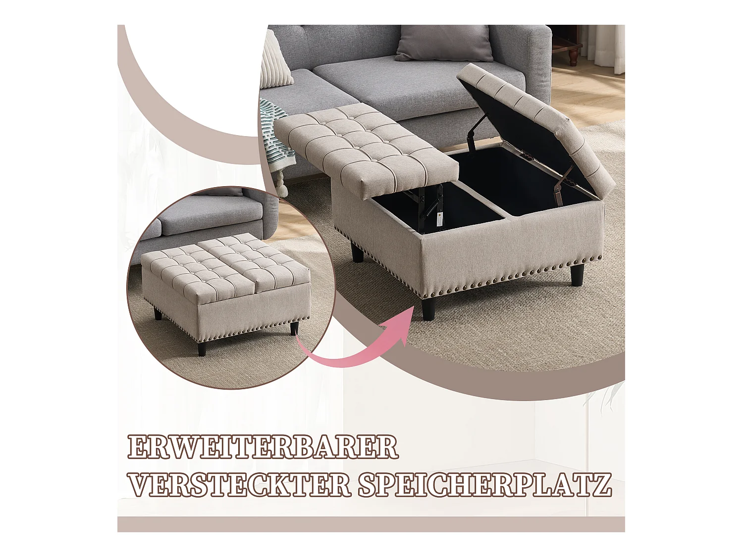 Banquette de rangement carrée, siège avec espace de stockage, tissu Lin et cadre en bois, beige (75x75x41 cm)