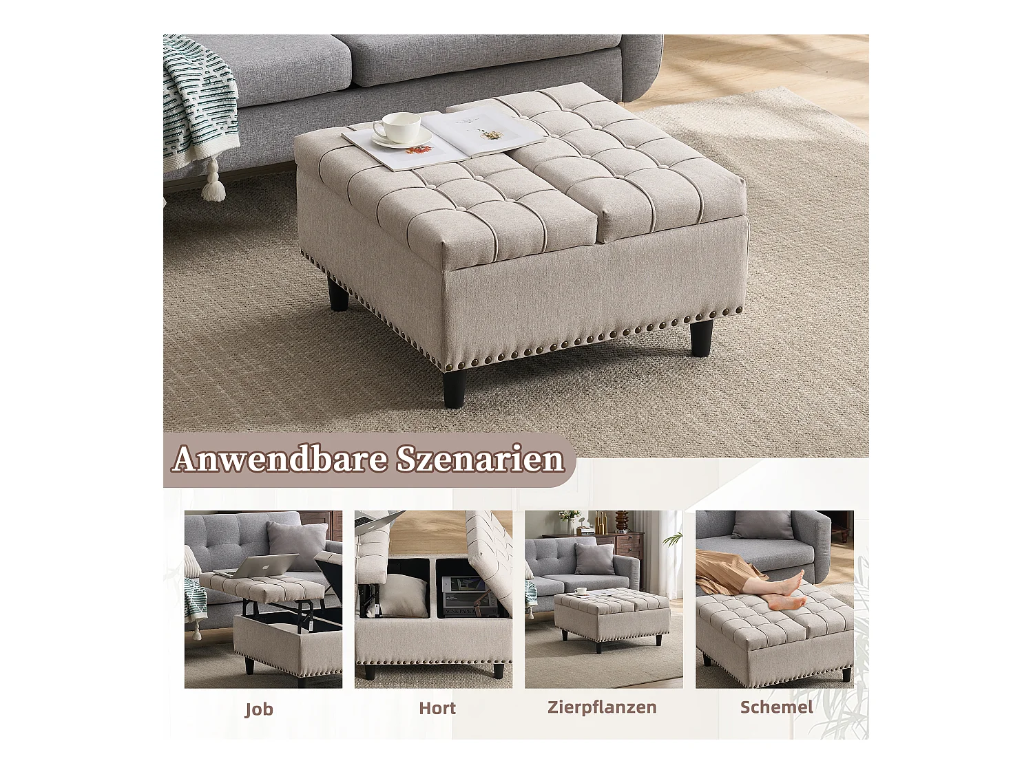 Banquette de rangement carrée, siège avec espace de stockage, tissu Lin et cadre en bois, beige (75x75x41 cm)