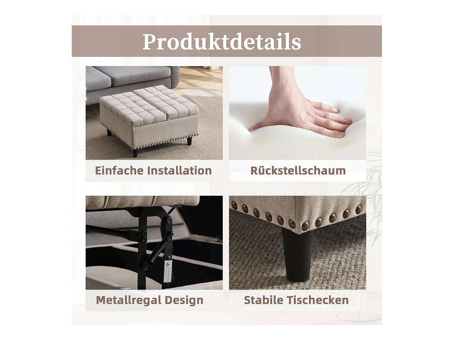 Banquette de rangement carrée, siège avec espace de stockage, tissu Lin et cadre en bois, beige (75x75x41 cm)