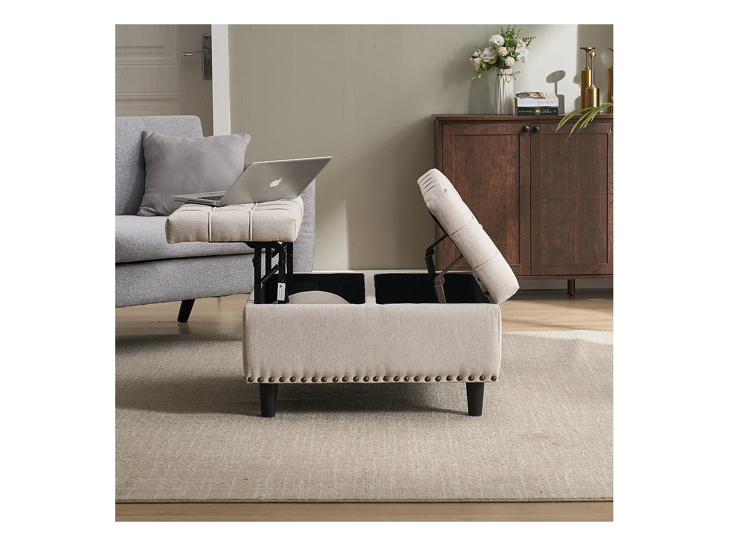 Banquette de rangement carrée, siège avec espace de stockage, tissu Lin et cadre en bois, beige (75x75x41 cm)