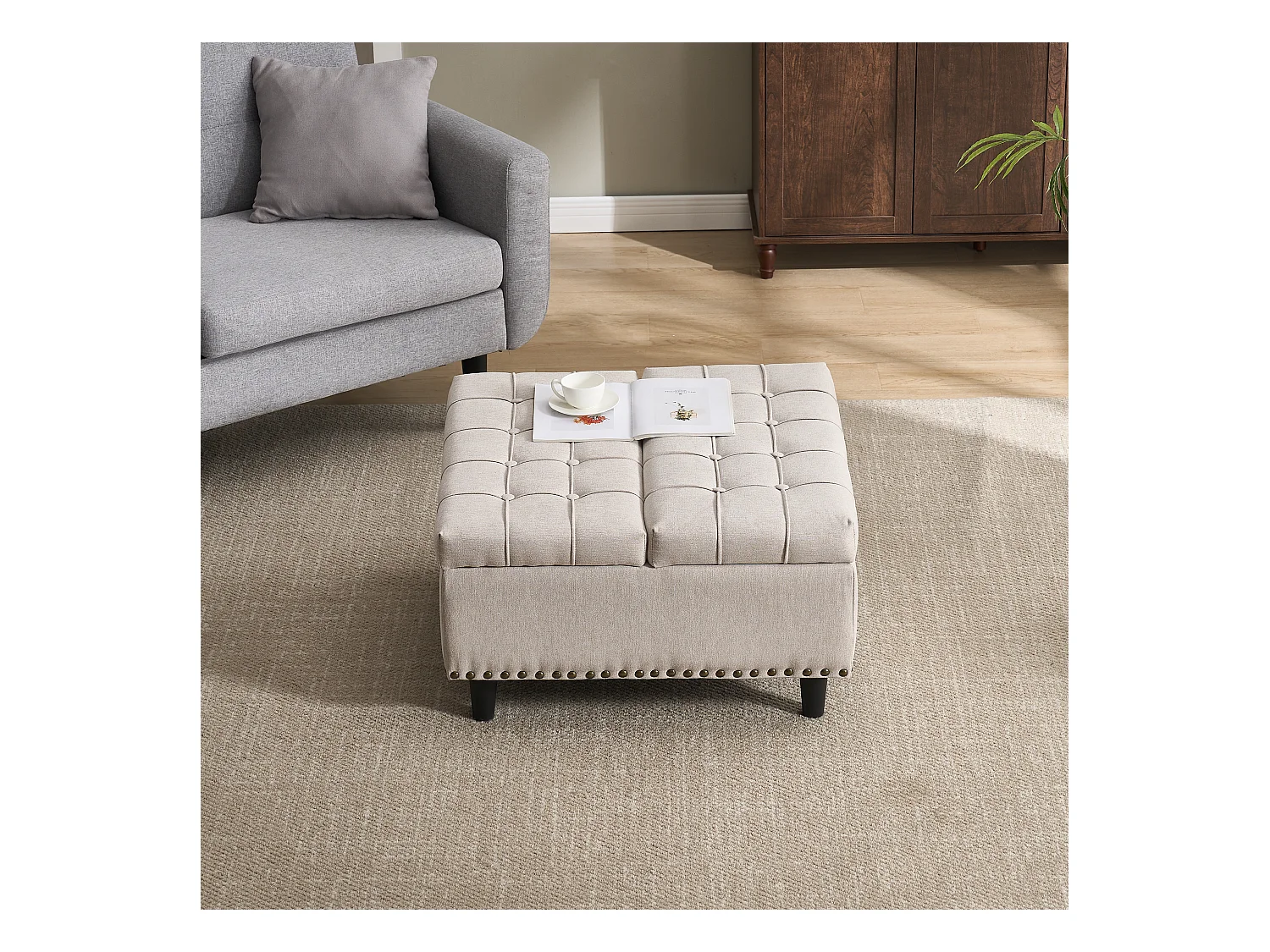 Banquette de rangement carrée, siège avec espace de stockage, tissu Lin et cadre en bois, beige (75x75x41 cm)