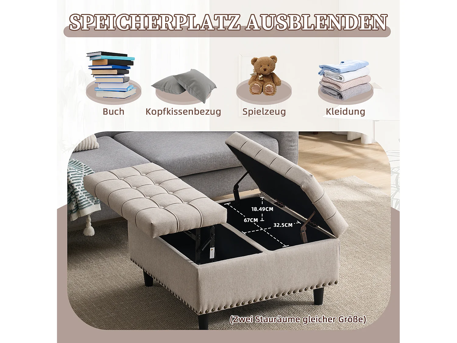 Vierkante opbergbank, zitting met opbergruimte, linnen stof en houten frame, beige (75x75x41 cm)