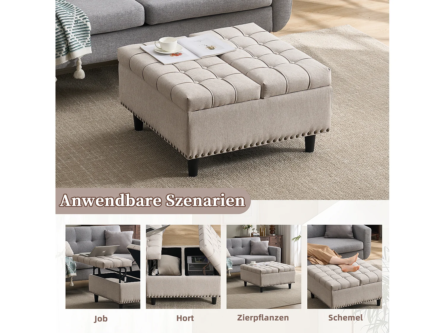 Vierkante opbergbank, zitting met opbergruimte, linnen stof en houten frame, beige (75x75x41 cm)