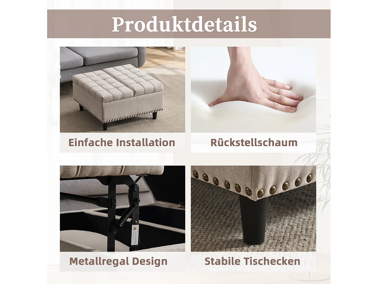 Vierkante opbergbank, zitting met opbergruimte, linnen stof en houten frame, beige (75x75x41 cm)