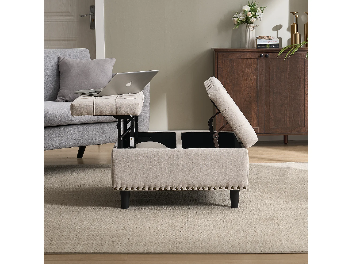 Vierkante opbergbank, zitting met opbergruimte, linnen stof en houten frame, beige (75x75x41 cm)