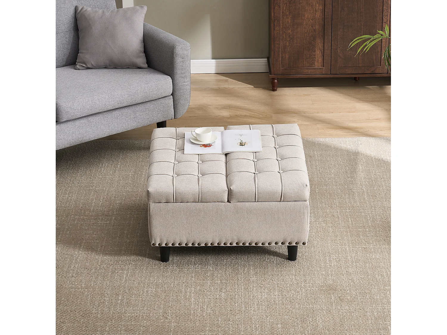 Vierkante opbergbank, zitting met opbergruimte, linnen stof en houten frame, beige (75x75x41 cm)