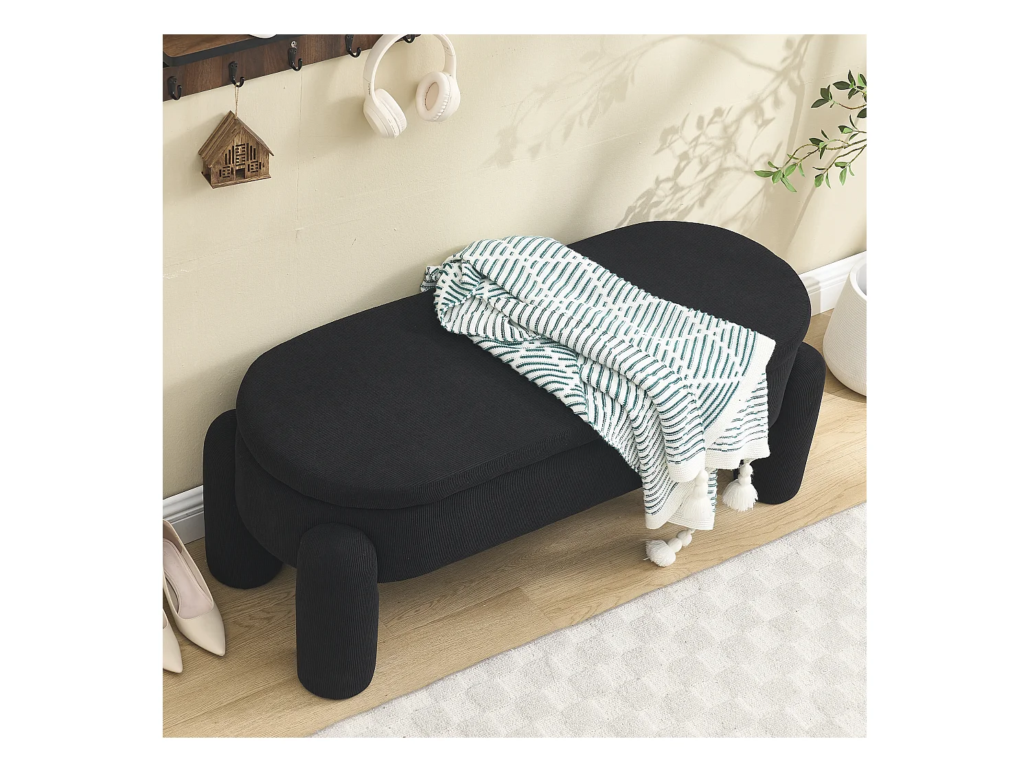 Banquette de rangement moderne, tissu Chenille et bois massif, antidérapante, noire (112x43x43 cm)