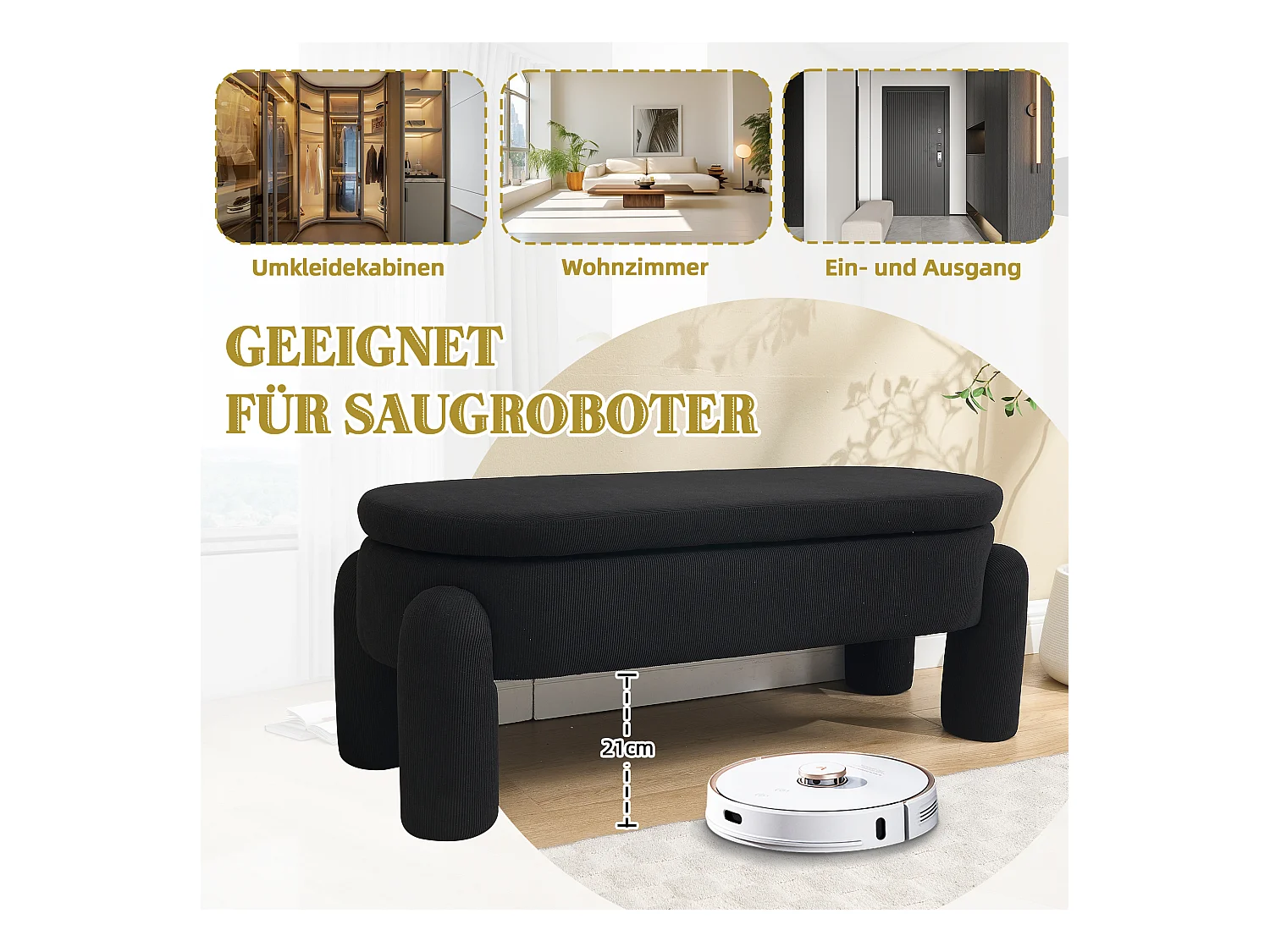 Banquette de rangement moderne, tissu Chenille et bois massif, antidérapante, noire (112x43x43 cm)