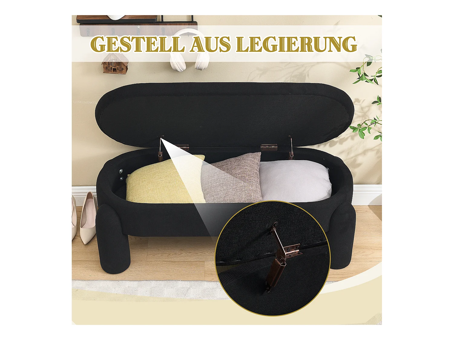 Banquette de rangement moderne, tissu Chenille et bois massif, antidérapante, noire (112x43x43 cm)