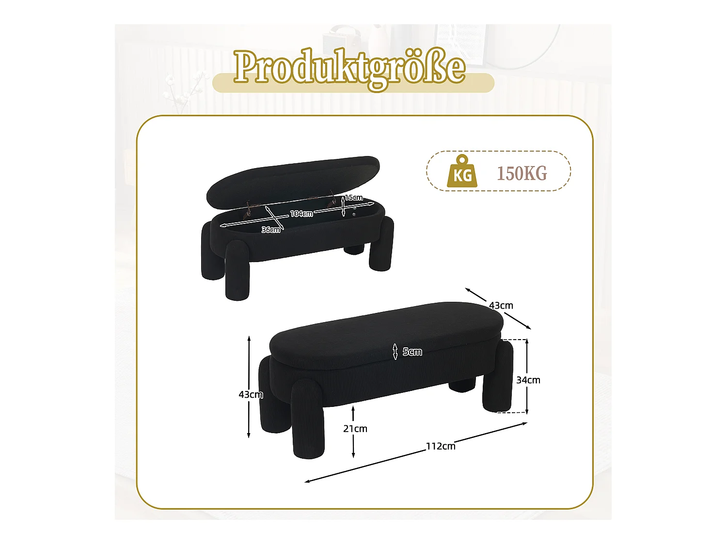 Banquette de rangement moderne, tissu Chenille et bois massif, antidérapante, noire (112x43x43 cm)