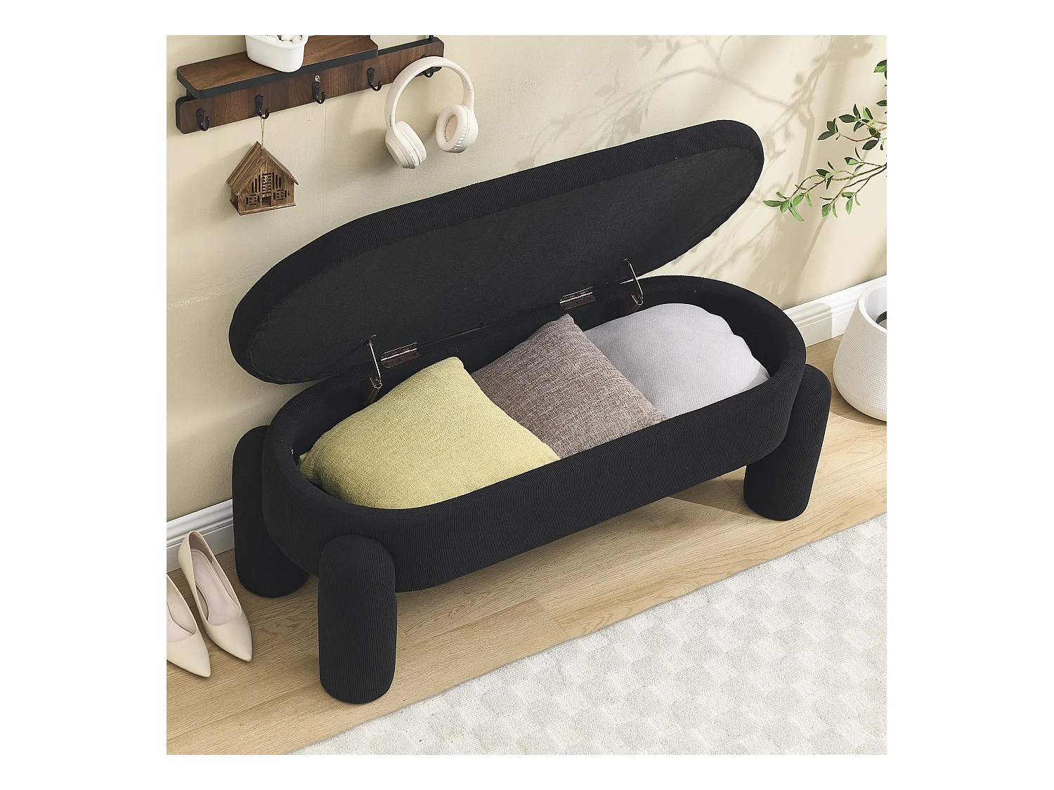 Banquette de rangement moderne, tissu Chenille et bois massif, antidérapante, noire (112x43x43 cm)