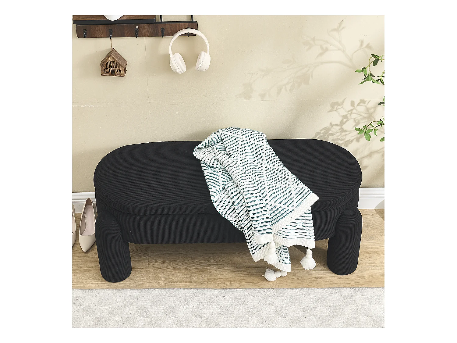 Banquette de rangement moderne, tissu Chenille et bois massif, antidérapante, noire (112x43x43 cm)