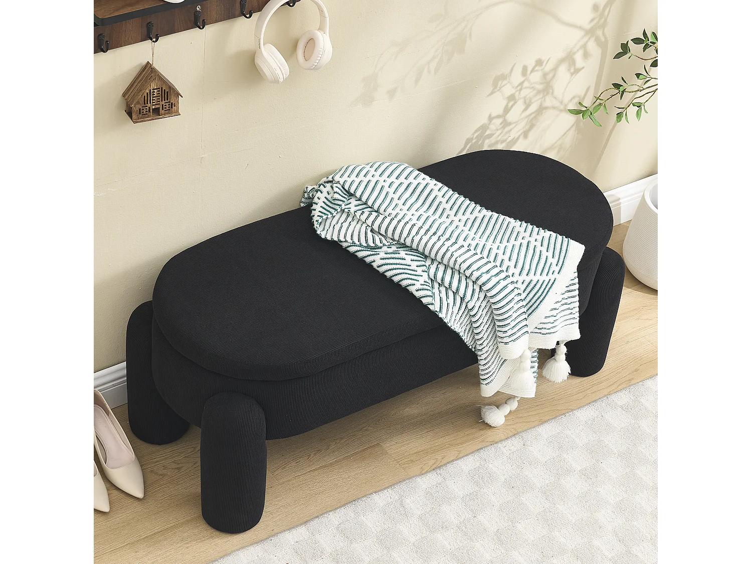 Banquette de rangement moderne, tissu Chenille et bois massif, antidérapante, noire (112x43x43 cm)