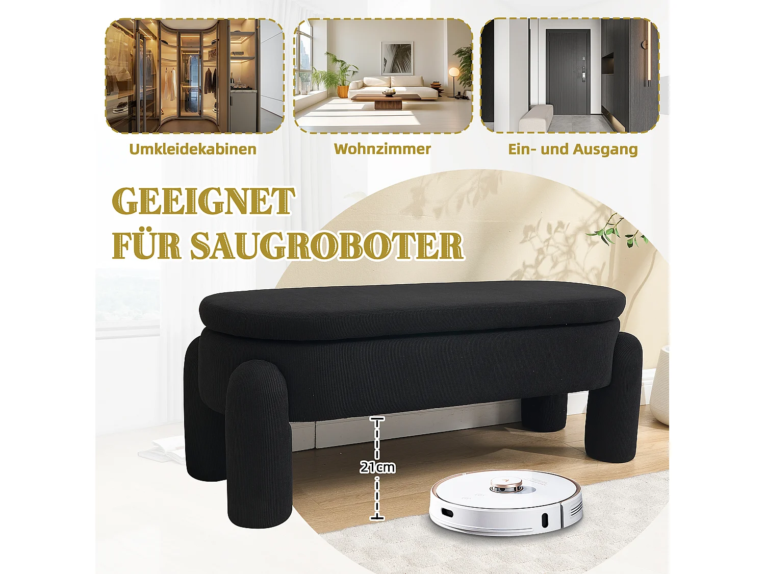 Banquette de rangement moderne, tissu Chenille et bois massif, antidérapante, noire (112x43x43 cm)