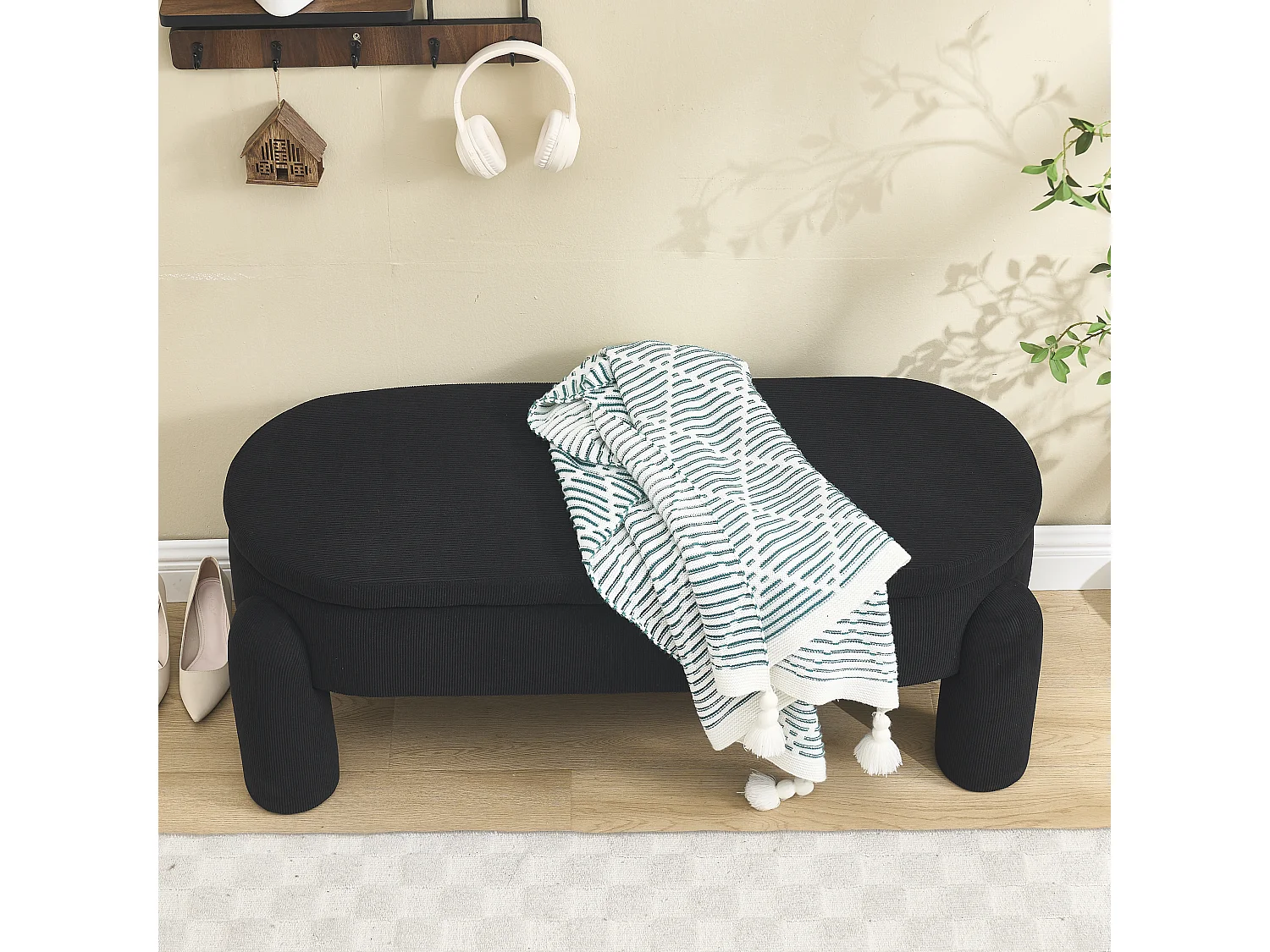 Banquette de rangement moderne, tissu Chenille et bois massif, antidérapante, noire (112x43x43 cm)