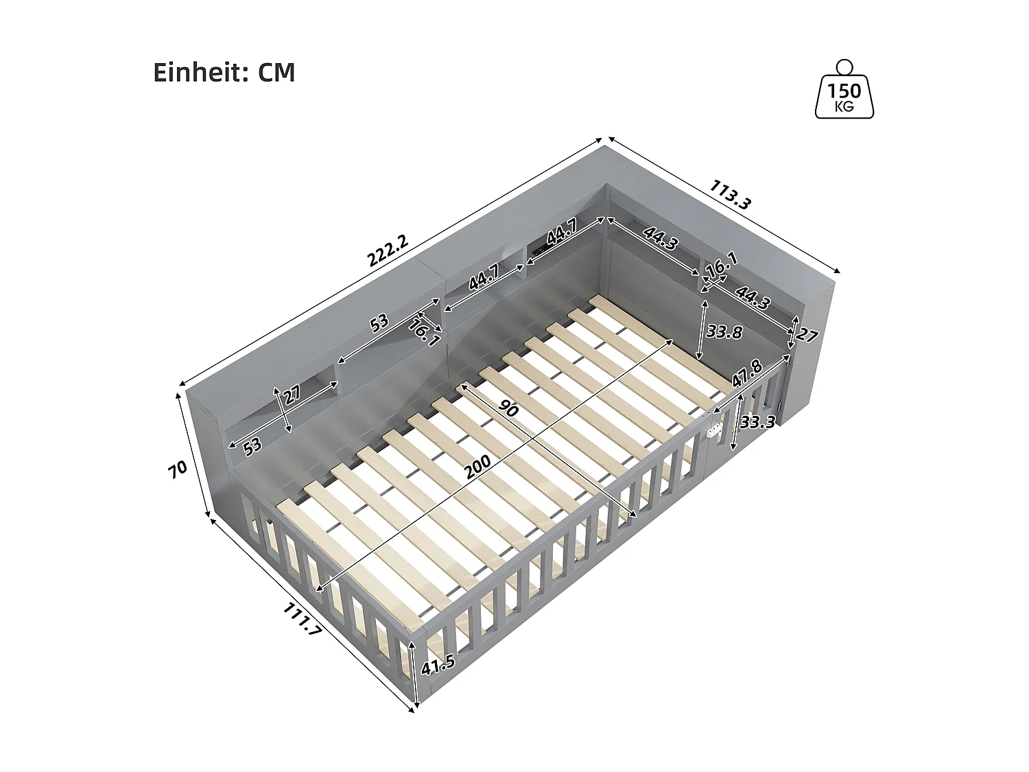 Grijs kinderbed 90 x 200 cm met opbergruimte, stopcontacten en USB-aansluitingen (zonder matras)