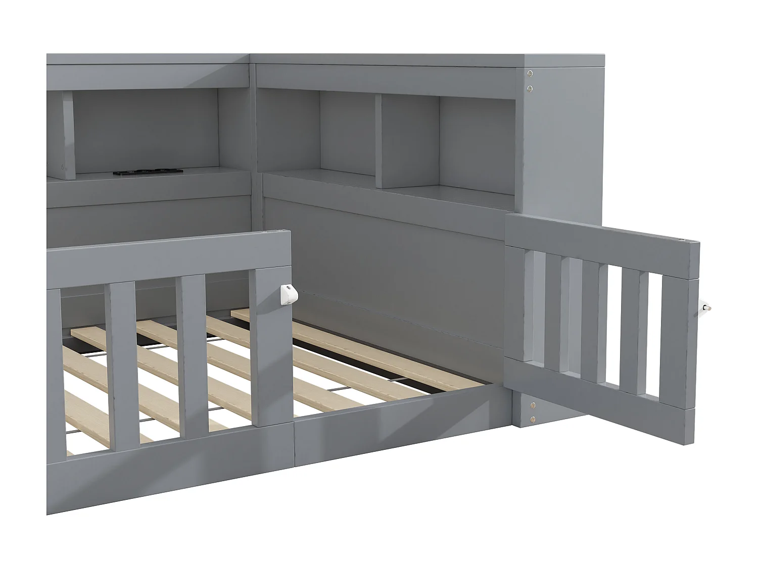 Grijs kinderbed 90 x 200 cm met opbergruimte, stopcontacten en USB-aansluitingen (zonder matras)