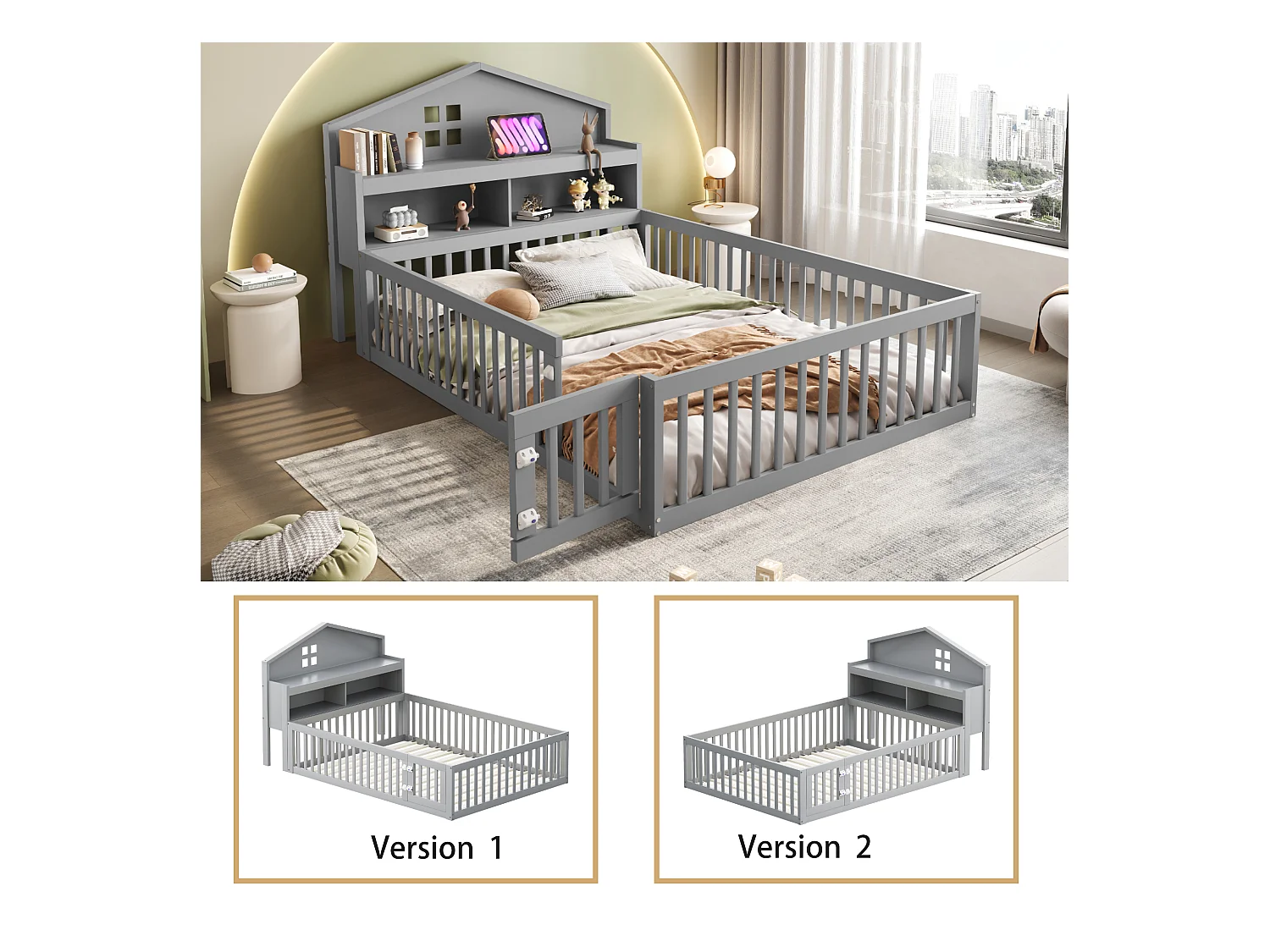 Cama cabine infantil 140x200 cm com grades de segurança, prateleiras e arrumação em cinzento (sem colchão)