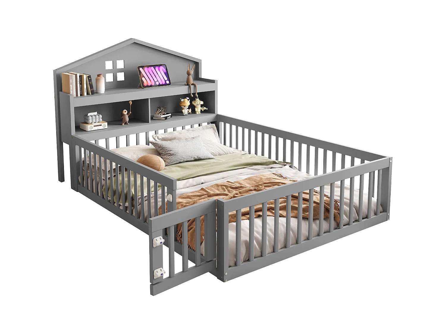 Cama cabine infantil 140x200 cm com grades de segurança, prateleiras e arrumação em cinzento (sem colchão)