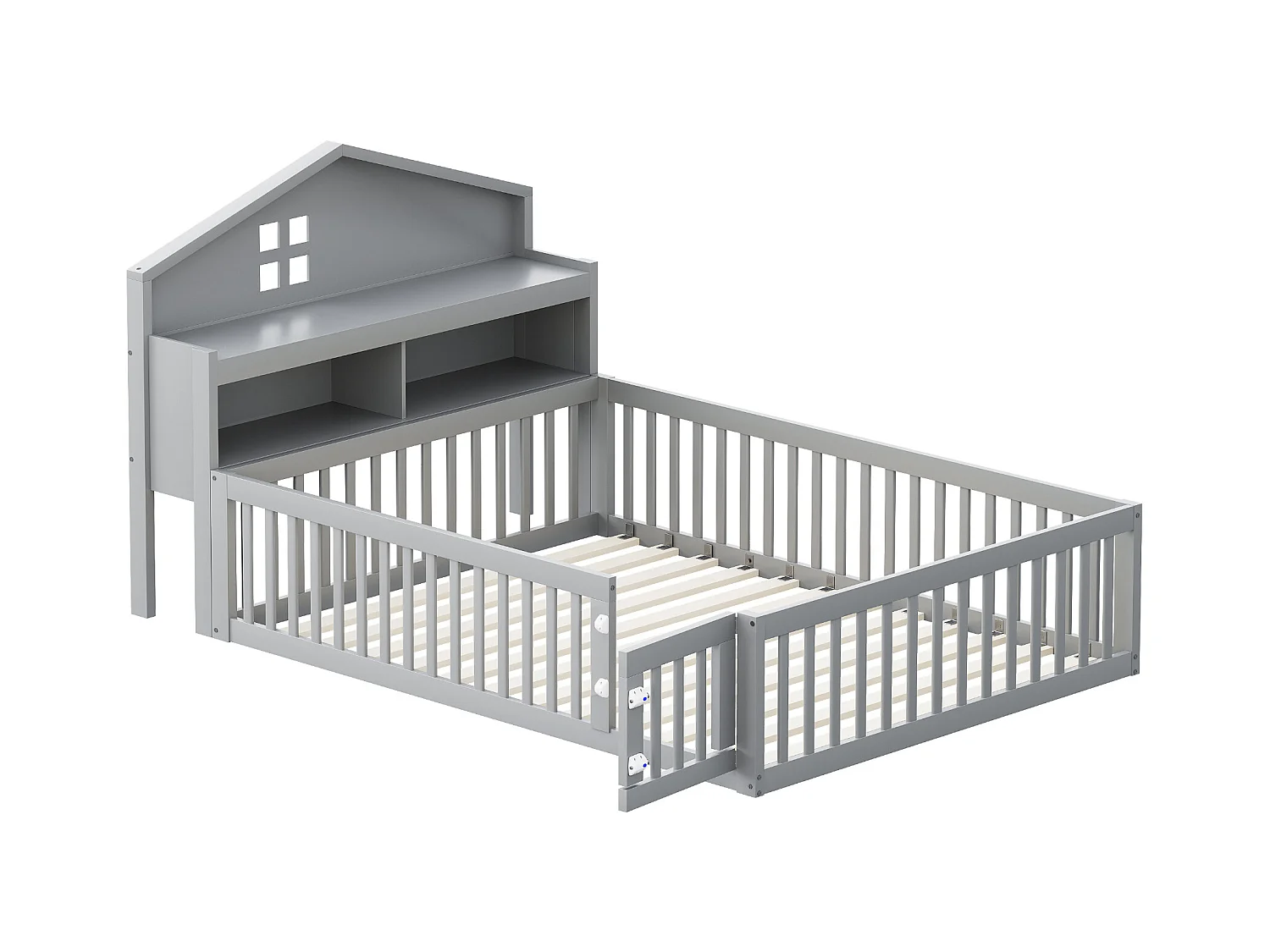 Cama cabine infantil 140x200 cm com grades de segurança, prateleiras e arrumação em cinzento (sem colchão)