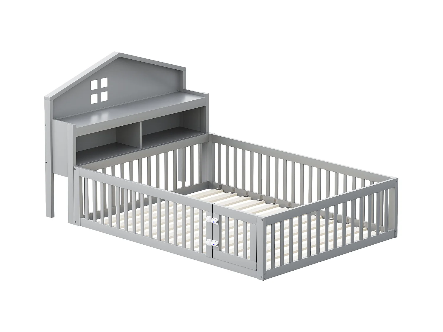 Letto a soppalco per bambini 140x200 cm con sponde di sicurezza, ripiani e contenitore in grigio (senza materasso)