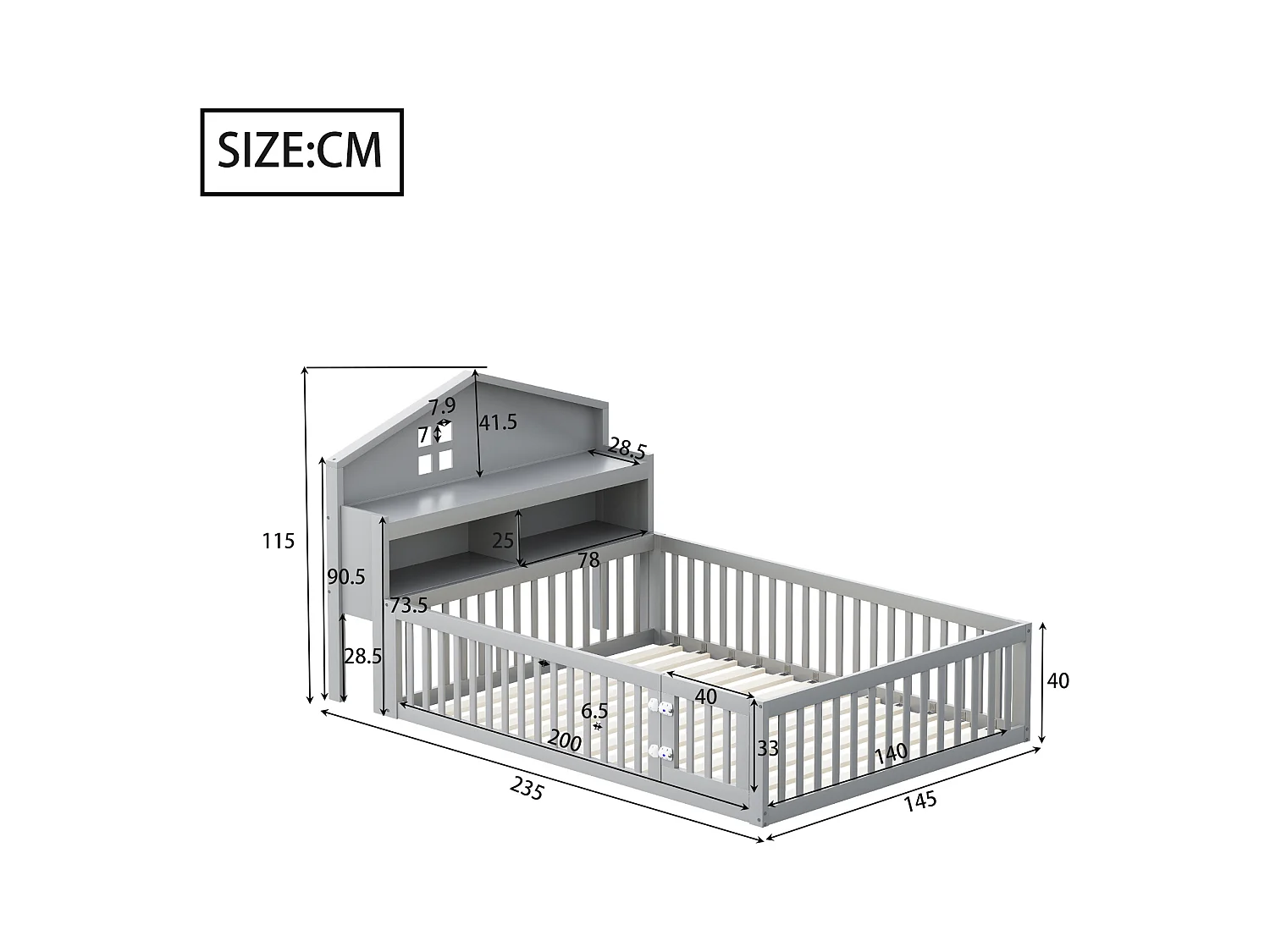 Letto a soppalco per bambini 140x200 cm con sponde di sicurezza, ripiani e contenitore in grigio (senza materasso)