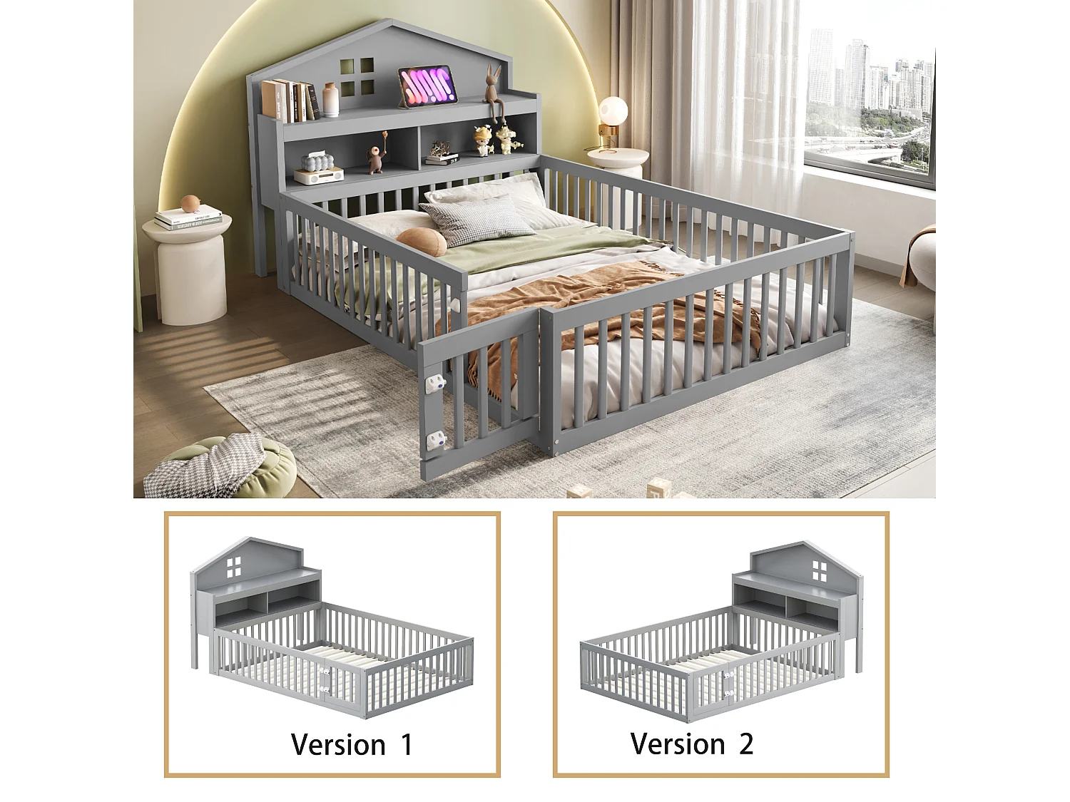 Letto a soppalco per bambini 140x200 cm con sponde di sicurezza, ripiani e contenitore in grigio (senza materasso)