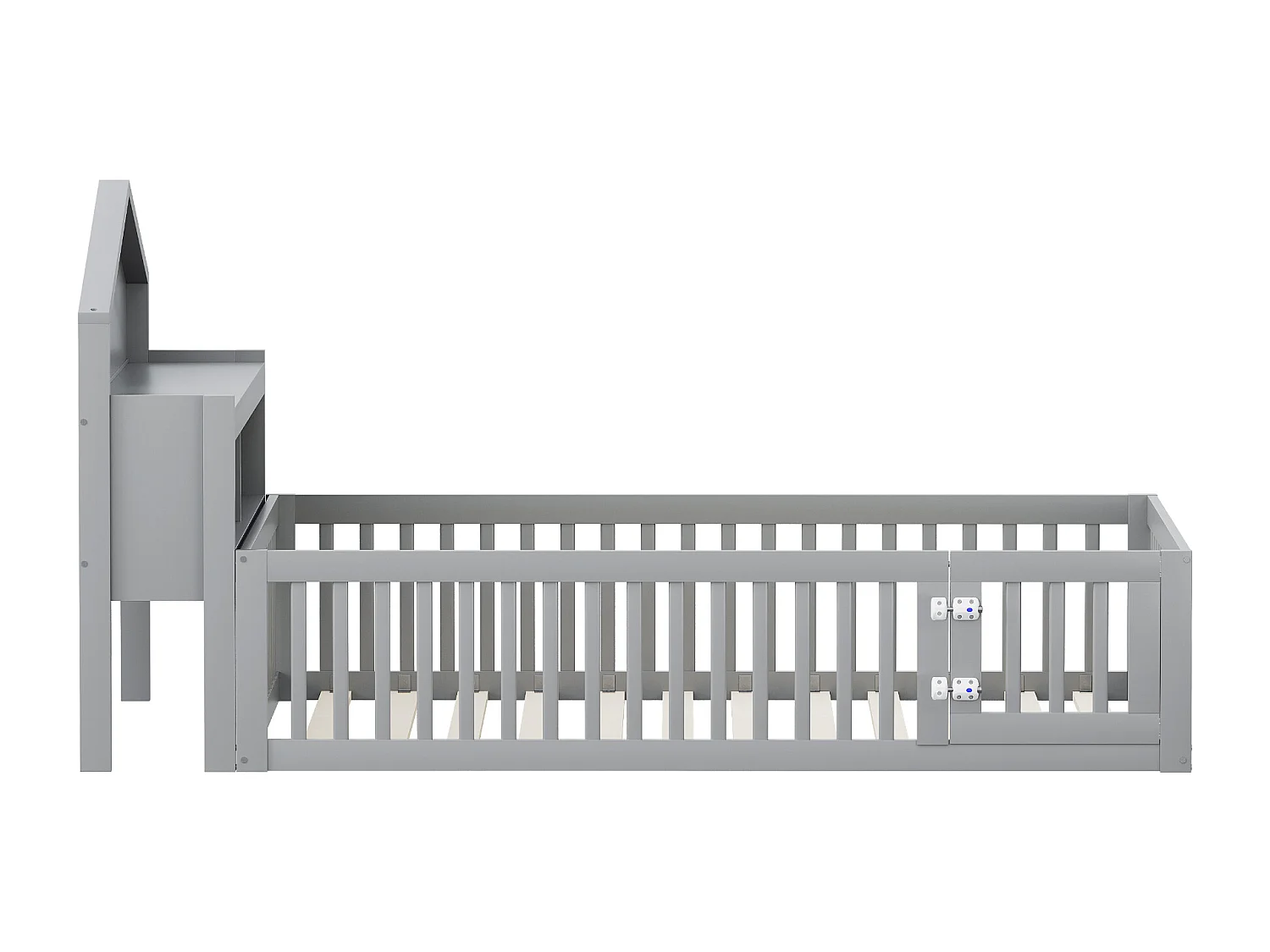 Letto a soppalco per bambini 140x200 cm con sponde di sicurezza, ripiani e contenitore in grigio (senza materasso)