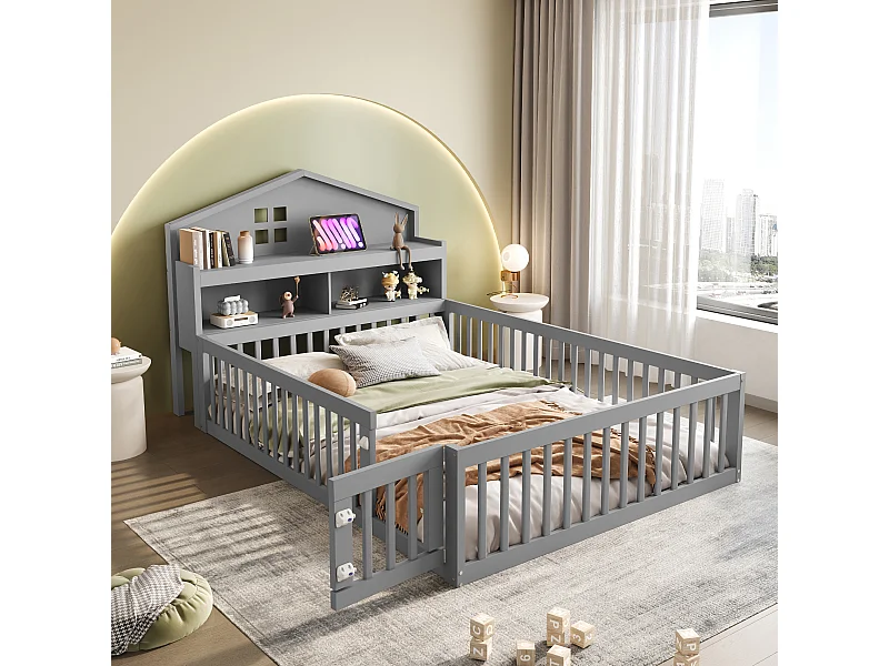 Lit cabane enfant 140x200 cm avec barrières de sécurité, étagères et rangements gris (sans matelas)