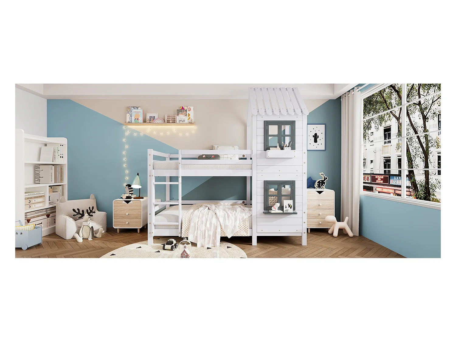 Lit superposé 90 x 200 cm - Protection Contre Les Chutes et échelle, avec sommier à Lattes, Blanc