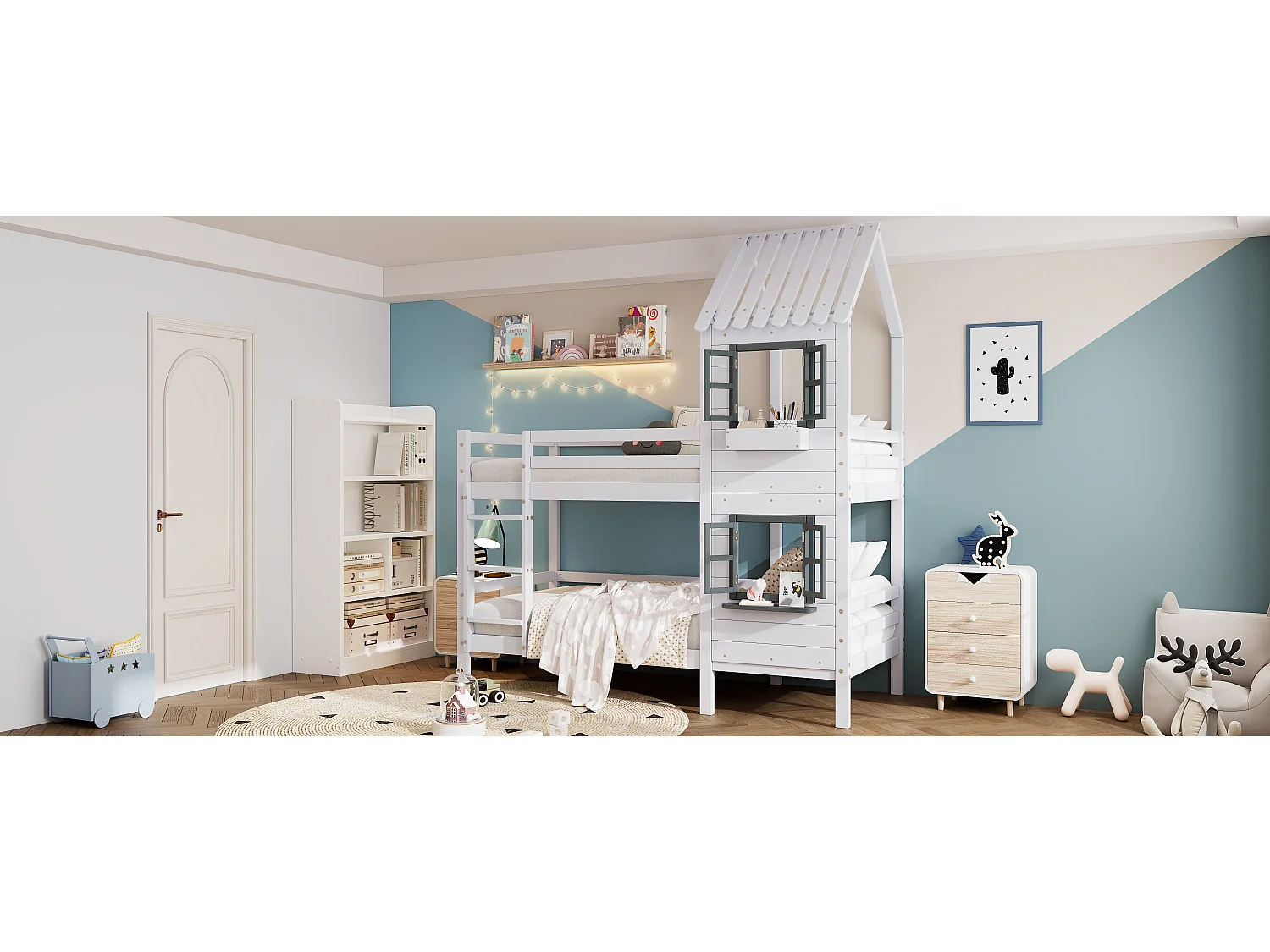 Letto a castello 90 x 200 cm - Protezione anticaduta e scaletta, con rete a doghe, bianco