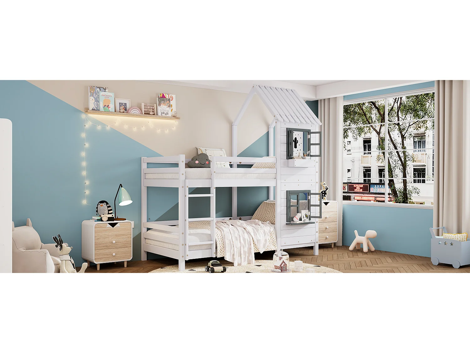 Letto a castello 90 x 200 cm - Protezione anticaduta e scaletta, con rete a doghe, bianco