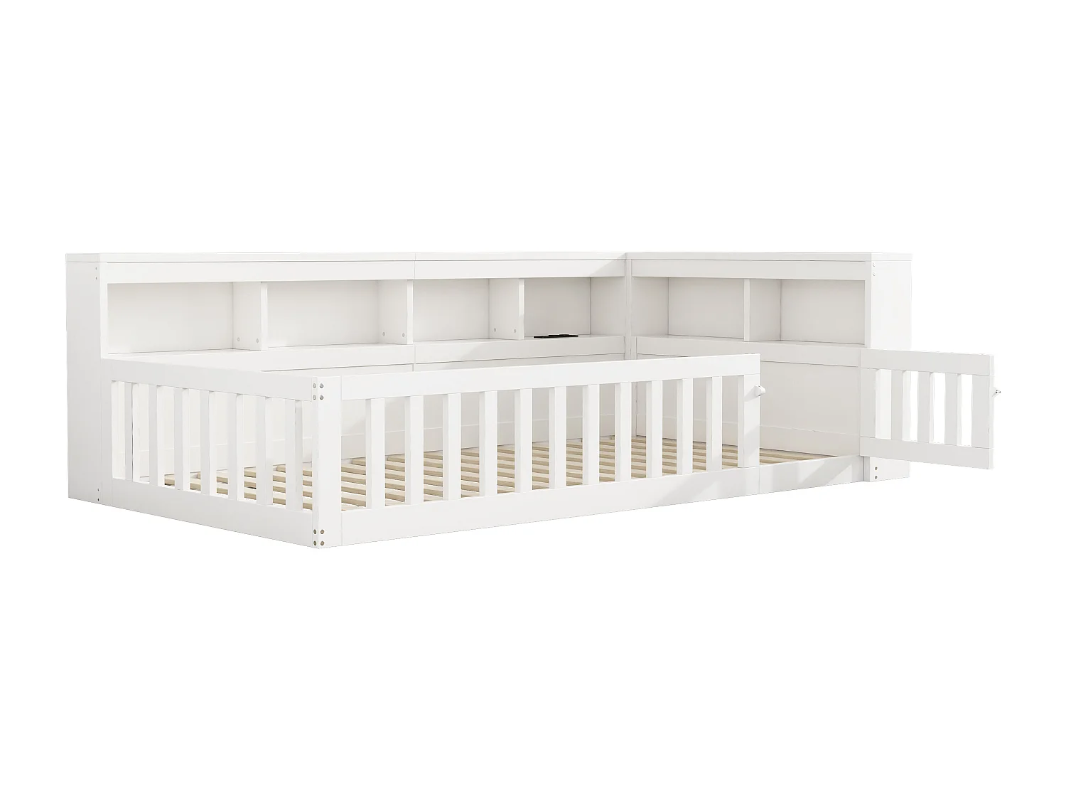 Lit cabane enfant blanc 90 x 200 cm avec rangements, prises et ports USB (sans matelas)