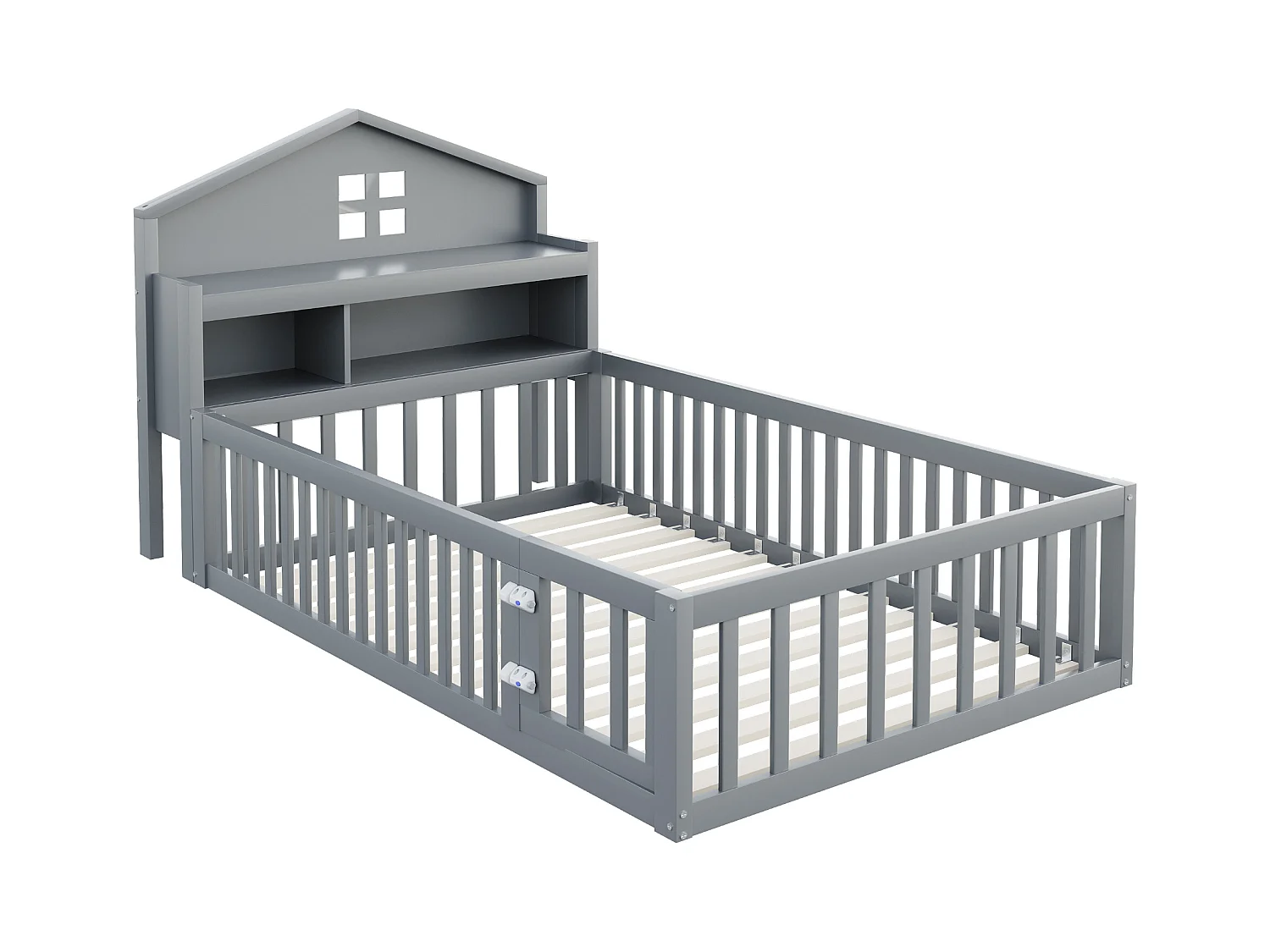 Lit cabane enfant 90x200 cm avec barrières de sécurité, étagères et rangements gris (sans matelas)