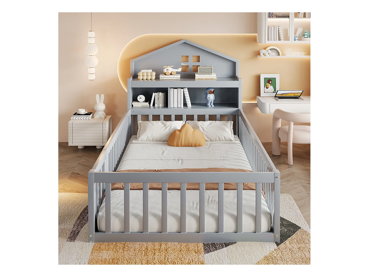 Lit cabane enfant 90x200 cm avec barrières de sécurité, étagères et rangements gris (sans matelas)