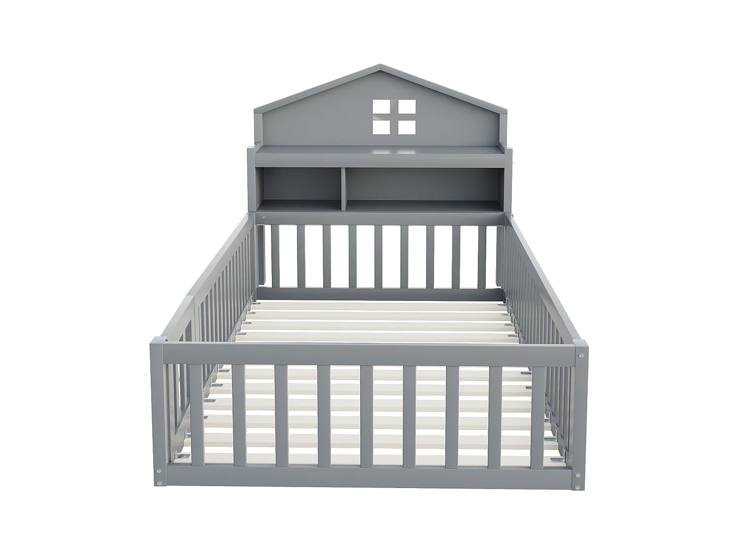 Lit cabane enfant 90x200 cm avec barrières de sécurité, étagères et rangements gris (sans matelas)