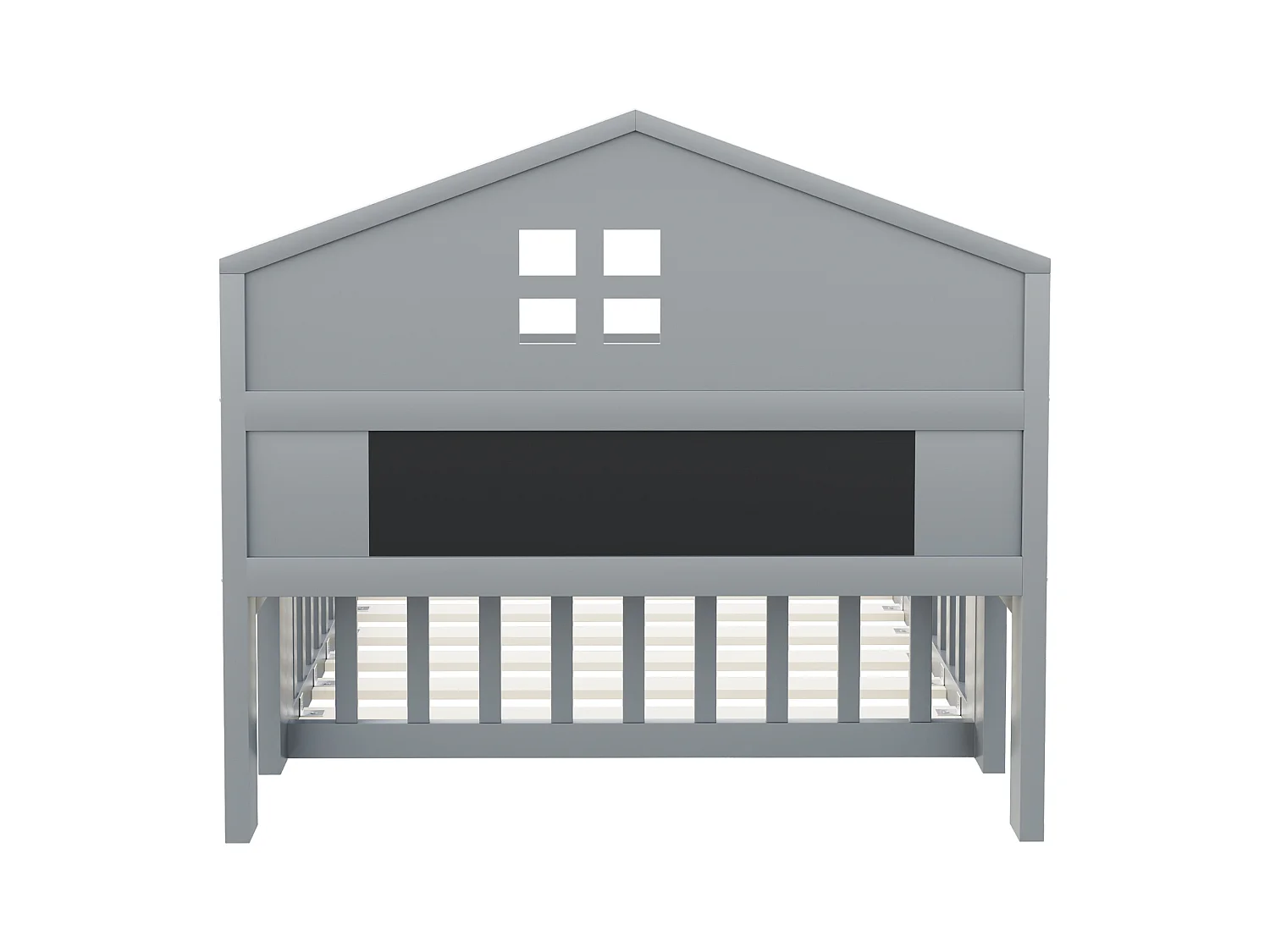 Lit cabane enfant 90x200 cm avec barrières de sécurité, étagères et rangements gris (sans matelas)