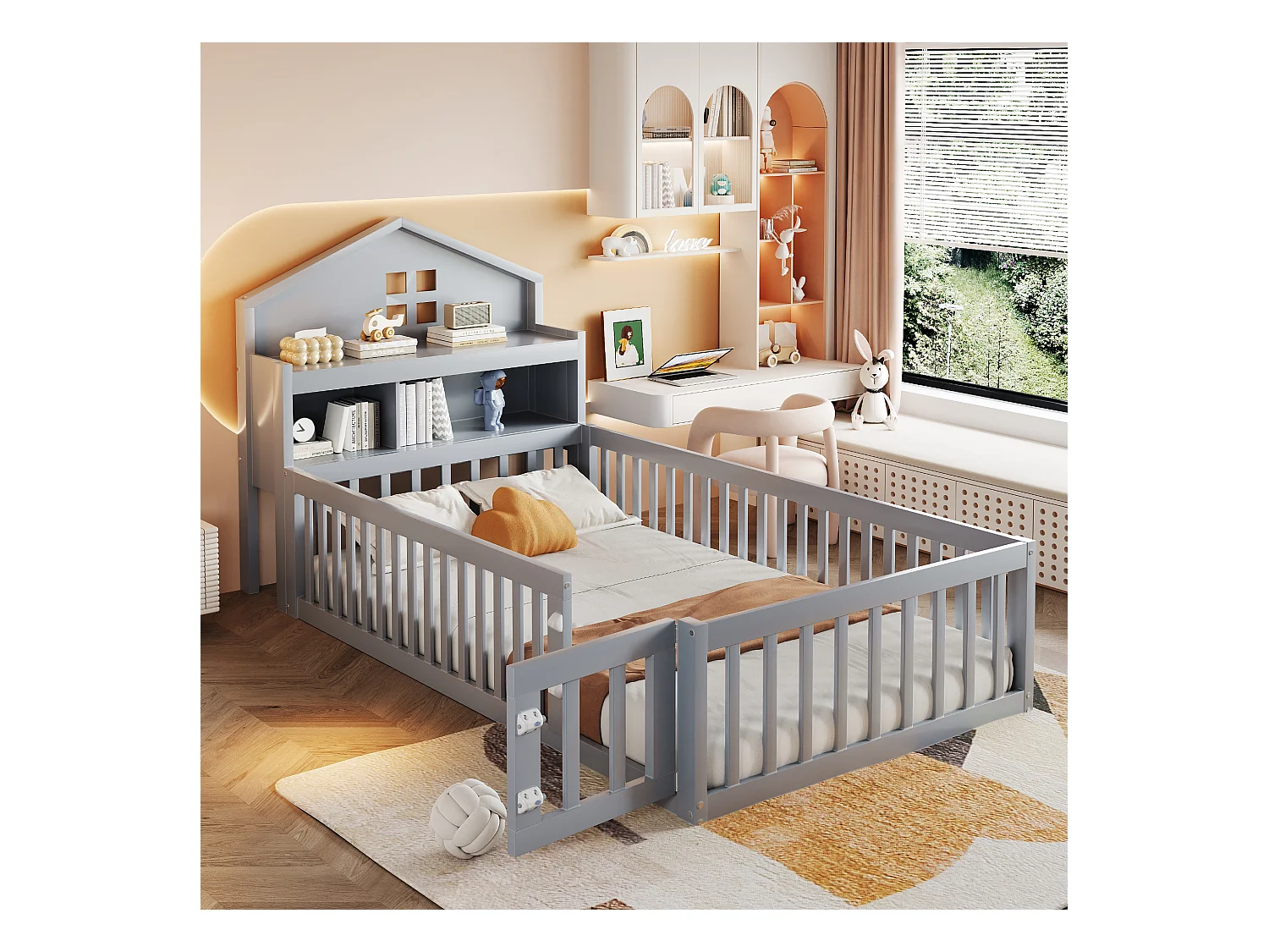 Lit cabane enfant 90x200 cm avec barrières de sécurité, étagères et rangements gris (sans matelas)