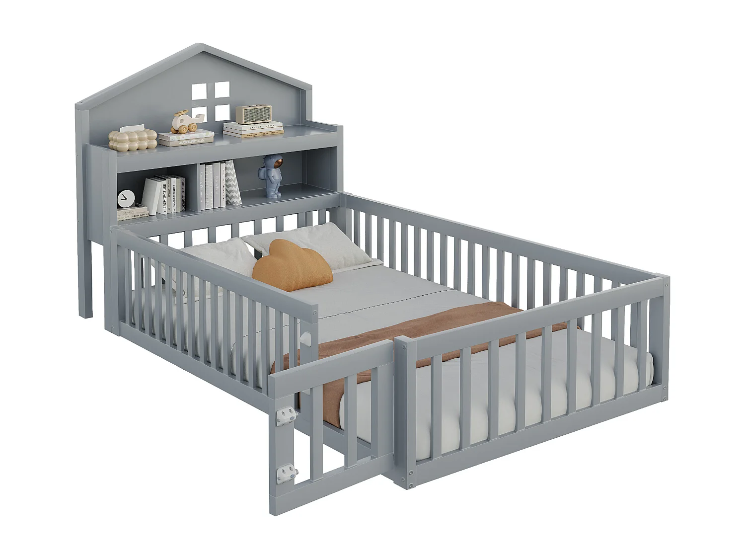 Kinderbed 90x200 cm met uitvalbeveiliging, planken en opbergruimte in grijs (zonder matras)