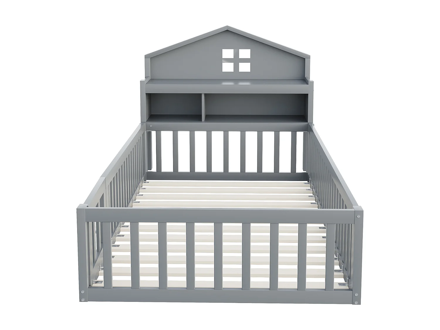 Kinderbed 90x200 cm met uitvalbeveiliging, planken en opbergruimte in grijs (zonder matras)