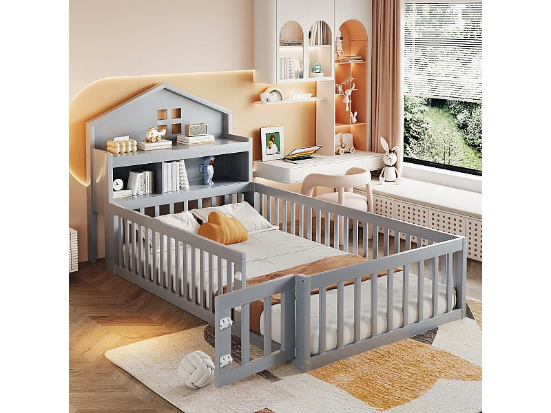 Kinderbed 90x200 cm met uitvalbeveiliging, planken en opbergruimte in grijs (zonder matras)