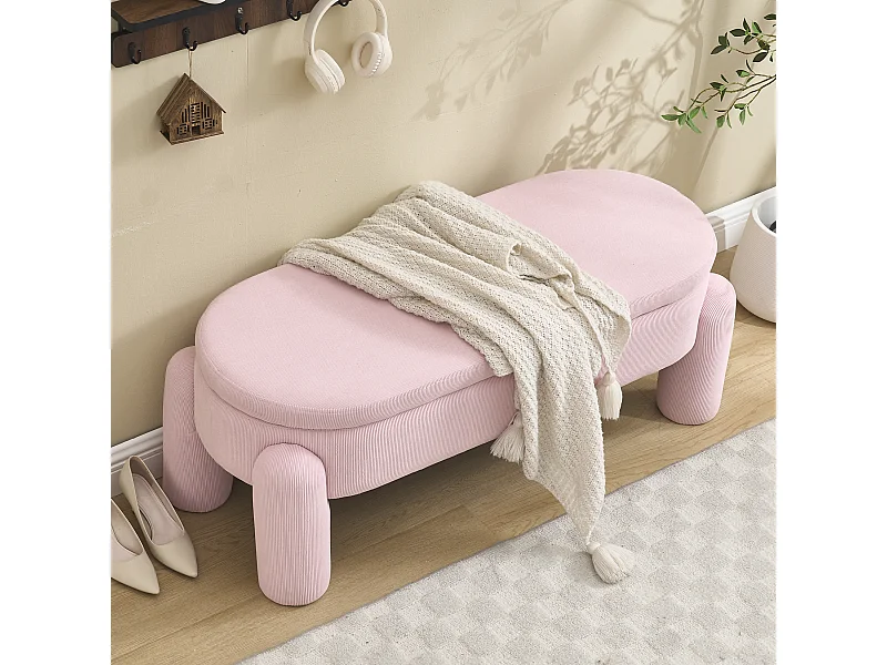 Banco de almacenaje moderno con tejido Chenilla y estructura de madera maciza, antideslizante, color rosa (112x43x43 cm)