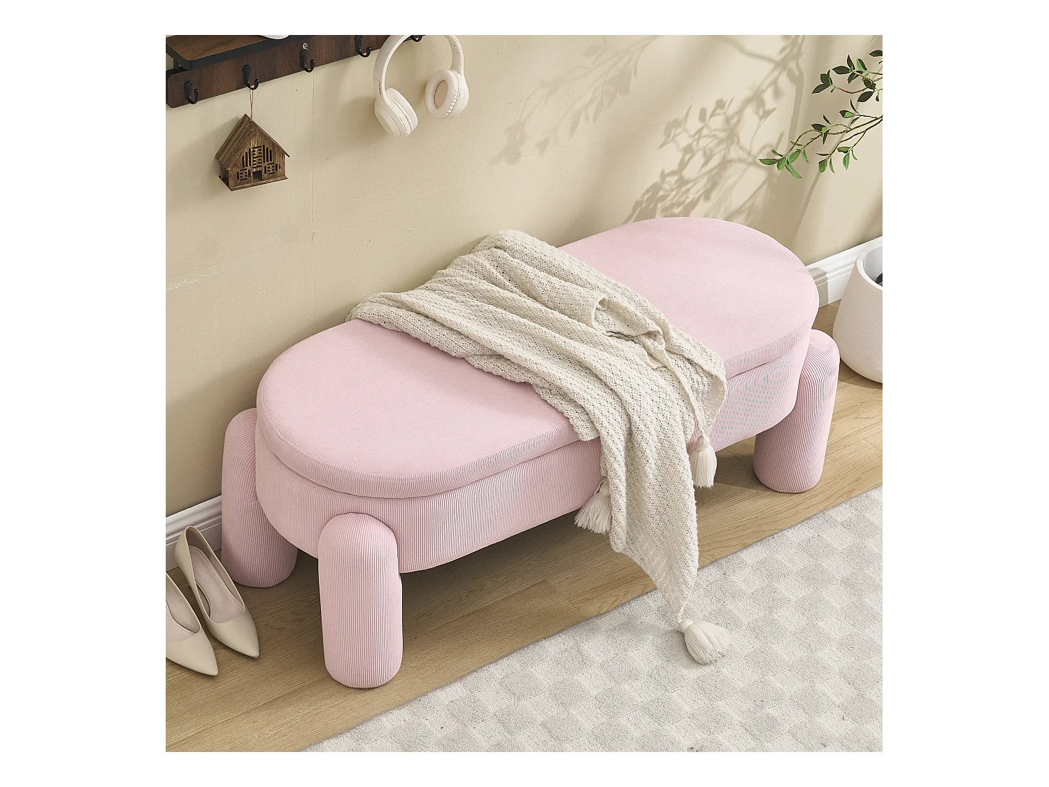 Banquette de rangement moderne avec tissu Chenille et cadre en bois massif, antidérapante, couleur rose (112x43x43 cm)