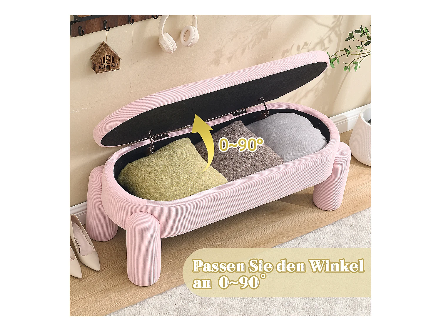 Banquette de rangement moderne avec tissu Chenille et cadre en bois massif, antidérapante, couleur rose (112x43x43 cm)