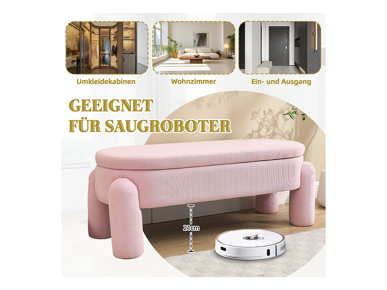 Banquette de rangement moderne avec tissu Chenille et cadre en bois massif, antidérapante, couleur rose (112x43x43 cm)