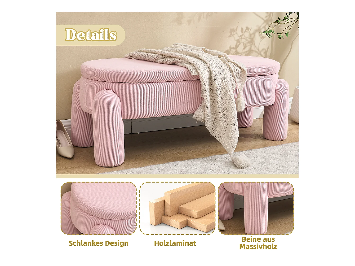 Banquette de rangement moderne avec tissu Chenille et cadre en bois massif, antidérapante, couleur rose (112x43x43 cm)