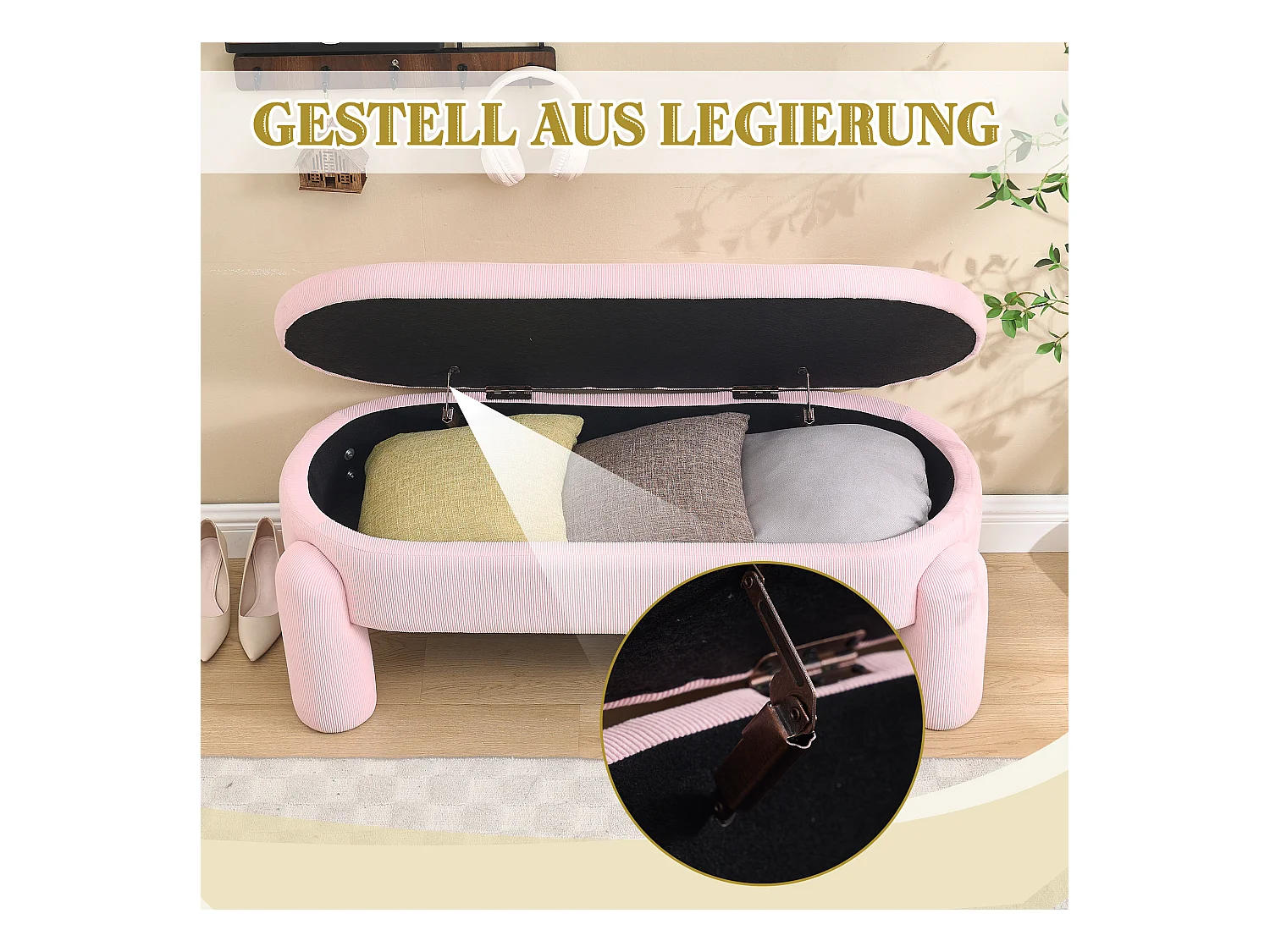 Banquette de rangement moderne avec tissu Chenille et cadre en bois massif, antidérapante, couleur rose (112x43x43 cm)