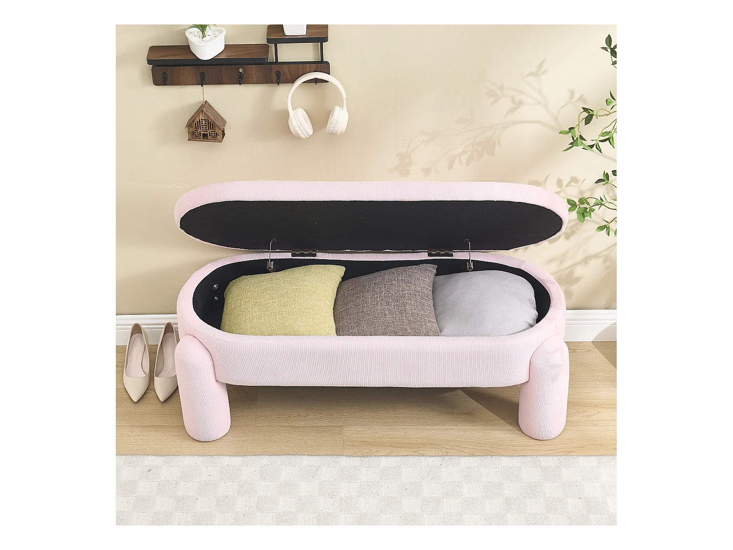 Banquette de rangement moderne avec tissu Chenille et cadre en bois massif, antidérapante, couleur rose (112x43x43 cm)